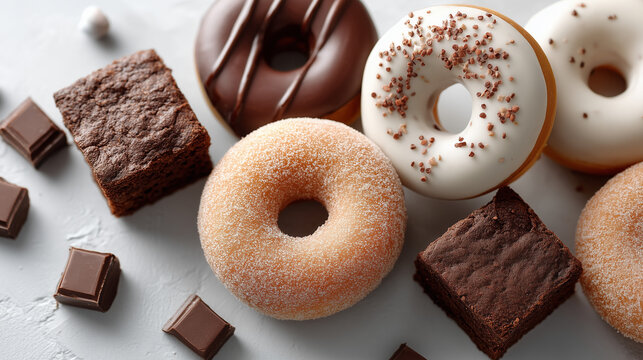 Sweet Temptations: A tempting selection of glazed donuts and rich chocolate brownies, a close-up shot of a culinary feast, perfect for dessert lovers. 