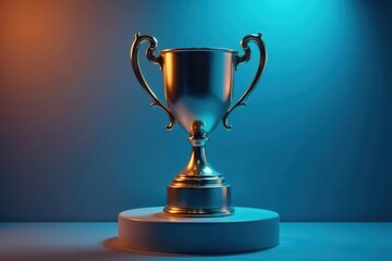 Silver trophy on a pedestal with soft blue glow, warm,