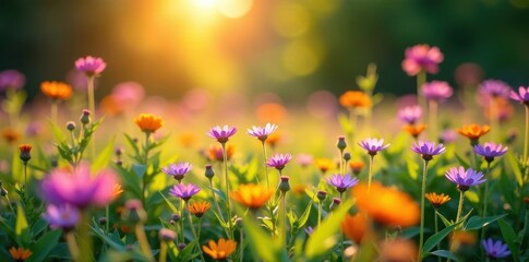 Warm sunlight filters through wildflowers in a lush meadow, colorful, purple, sunlight