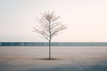 single young tree stands on vast concrete plaza leafless branches reaching upward