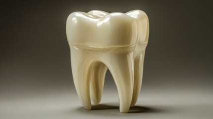 Close-up of a single, healthy, human molar tooth model against a neutral background.