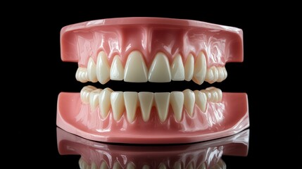 Obraz premium Close-up of a dental model showcasing healthy, white teeth and gums set against a black background.