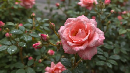 A vibrant pink rose in full bloom is surrounded by lush green foliage and unopened buds in a beautiful garden setting.