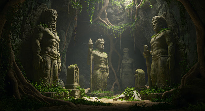 Jungle Shrine: Ancient Stone Guardians in Sunlit Grotto - Powered by Adobe