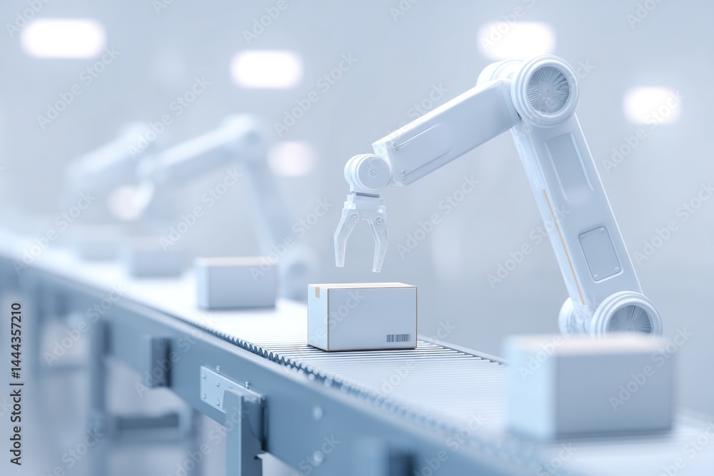 Aufkleber sleek and minimalistic image of robotic arms assembling products on conveyor belt symbolizing modern