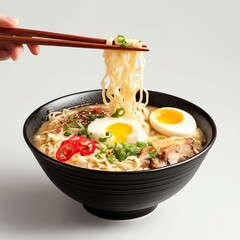 High-definition photo of authentic Japanese tonkotsu ramen in a black bowl, chopsticks picking noodles, clean white background. Perfect for food blogs, ads, and menus