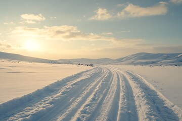Snow Tracks Leading to Distant Hills Under a Cloudy Sky at Winter Sunset