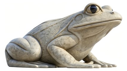 A detailed stone frog sculpture, sitting with lifelike features and a smooth texture on a white background.