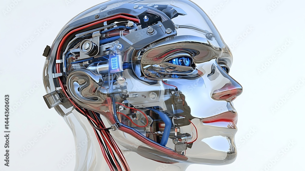 Poster digital head profile with abstract overlay illustrating technology and intelligence
