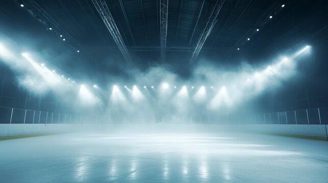 Empty ice rink illuminated by spotlights, creating a dramatic atmosphere.
