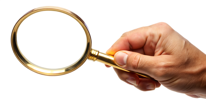 hand holding magnifying glass isolated on white background PNG