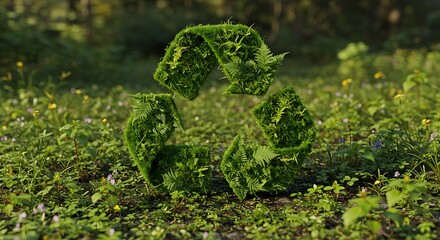 A recycle symbol, uniquely composed of green ferns and moss, is presented in a natural, blurred background, highlighting environmental awareness