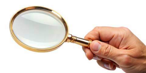 hand holding magnifying glass isolated on white background PNG
