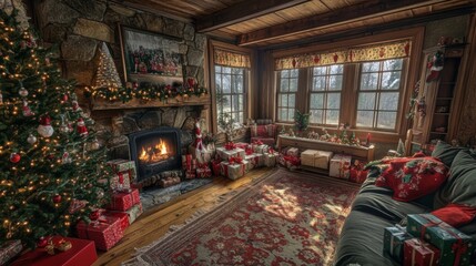 Christmas decor with tree, gifts, and cozy living room