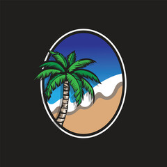 Obraz premium Palm trees with lush green leaves stand at the edge of a tranquil shore under a bright, glowing sun. Black birds fly in the sky, enhancing the peaceful ambiance.