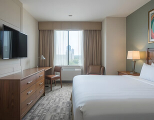 Inviting hotel room boasts a queen-sized bed, desk, chair, and city views for relaxing travel.