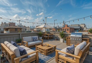 Luxurious rooftop terrace with cozy seating, city views, and modern design in a sunlit setting.