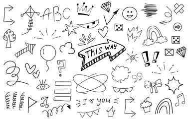 Big set of cartoon doodle hand drawn elements. Line art. Crowns, hearts, stars, flowers, sparkles, arrows, lightnings, smiley, signs and other funny design elements іsolated on white background.