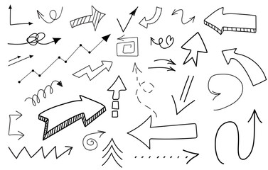 Set of hand drawn doodle arrows. Set simple arrows isolated on white background. Arrow mark icons. Doodle paint.