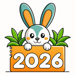 Cute Bunny 2026 New Year Illustration with Green Leaves.