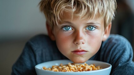 Naklejka premium Young Boy with Bowl of Cereal, Intense Gaze