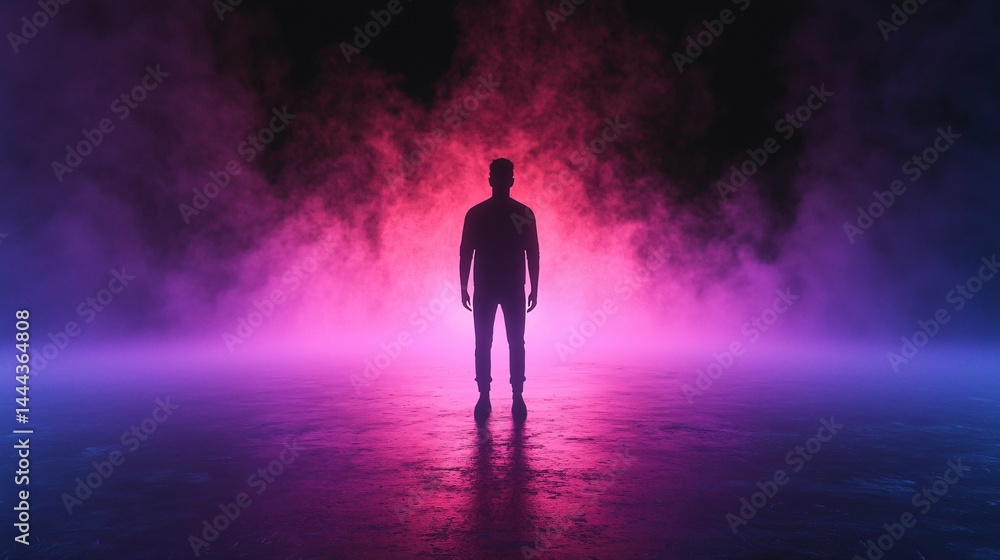 Poster striking image of a man standing in a fog-filled room highlighted by color contrast and volumetric l