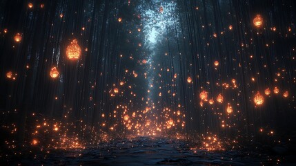 Glowing lanterns in forest path