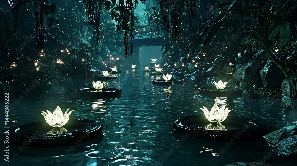 Poster serene river flowing gently with floating candles illuminating the surface in a magical sacred sprin