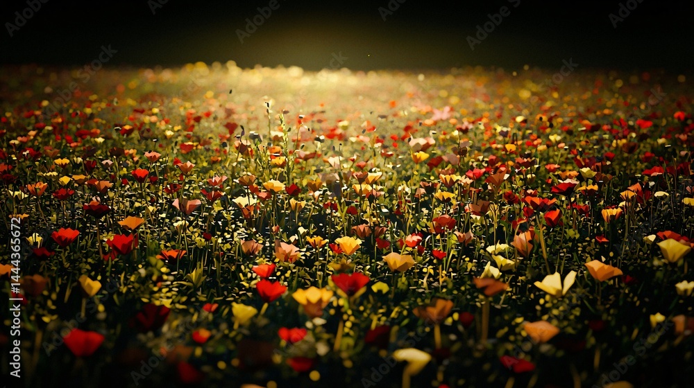 Poster captivating field of colorful flowers captured in a moody shadow play creating an enchanting and ser