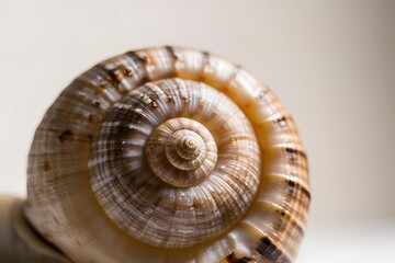 Macro close-up of a snail's shell, revealing its spiral pattern, texture, and natural imperfections with soft, diffused light highlighting the details.