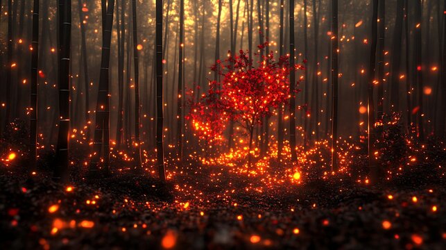 Glowing red forest night