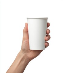 Hand holding paper cup isolated on white background
