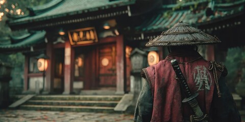 Naklejka premium Epic Samurai in Front of Traditional Japanese Shrine