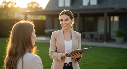Real Estate Agent Showing Property to Potential Buyer  Successful Home Purchase Consultation Outdoors