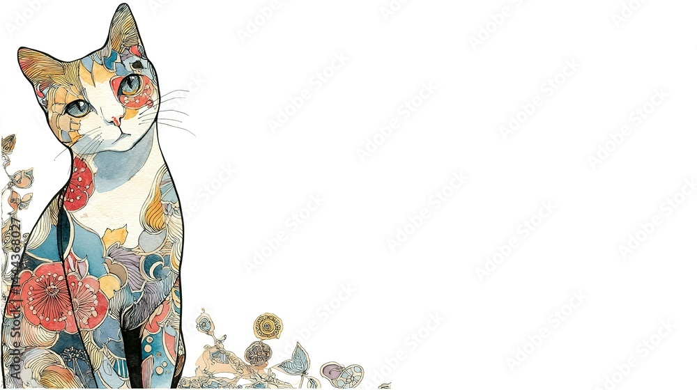 Poster a multicolored cat adorned with intricate floral patterns.