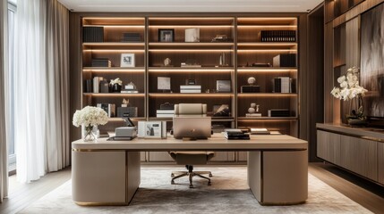 Clean home office with open shelves and elegant workspace