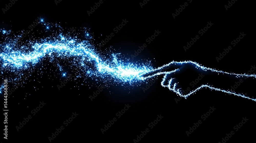 Poster hand pointing towards a bright blue light emitting a soft glow in a darkened background setting