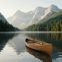 Fototapeta premium Tranquil Canoe on a Misty Mountain Lake