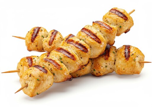 Grilled chicken skewers close up on white background