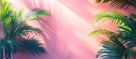 Pastel Pink Wall with Tropical Palm Leaves