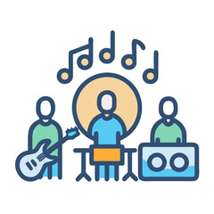 Colorful Band Playing Instruments with Musical Notes Icon