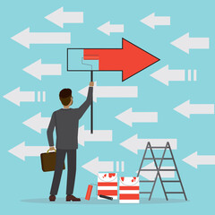 Do different concept, innovative ideas, businessman uses pencil and drawing arrow of different color and way. change yourself and your way of thinking. Become different