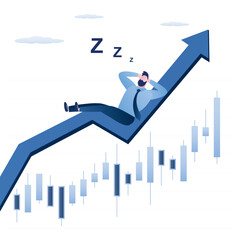 Dreaming of success or wealth. Confident businessman or trader sleeping on growing graph. High passive income from growth of stock prices, dividends.