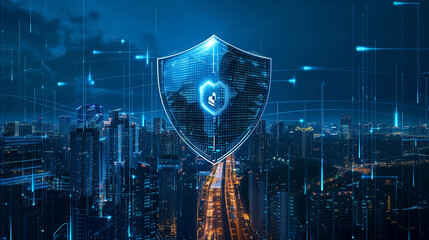 futuristic city protected by a giant cybersecurity shield 