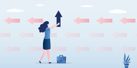 Do different concept, innovative ideas, confident businesswoman turned arrow of different way. Change yourself and your way of thinking. Become different, not like the rest.