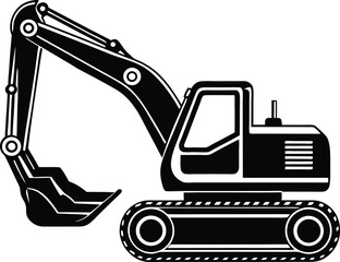  black and white illustration of an excavator construction machine