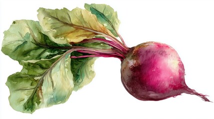 Organic radish with vibrant leaves captured in watercolor, showcasing nature's colors and textures