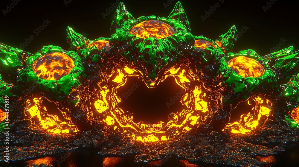 Poster glowing orange and green celestial object surrounded by cosmic tunnel flares creating a dramatic ene
