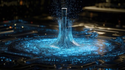 Futuristic city structure erupting digital energy