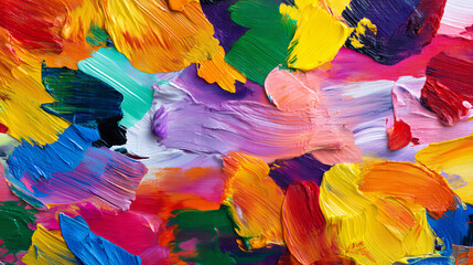 Vibrant colorful abstract acrylic painting with textured brushstrokes and a multicolored palette featuring shades of red, blue, green, yellow, orange, pink, and purple conveying energy and creativity